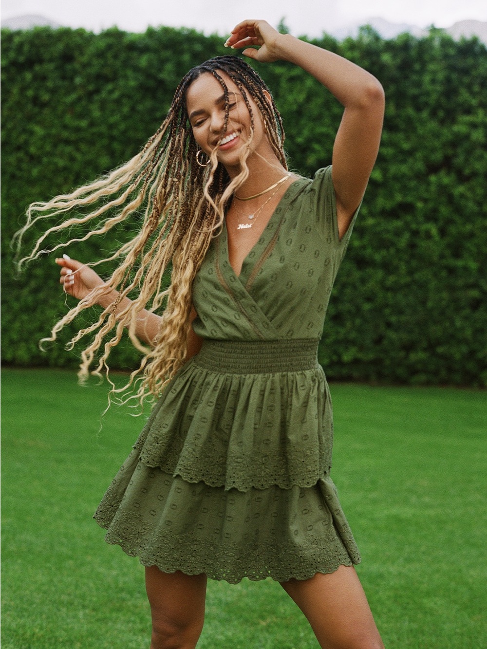 American Eagle Olive Green Tiered V-Neck Summer Dress